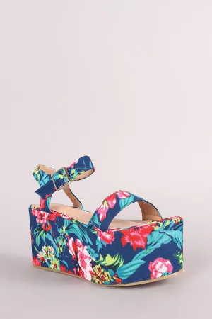 Floral Print Ankle Strap Flatform Wedge