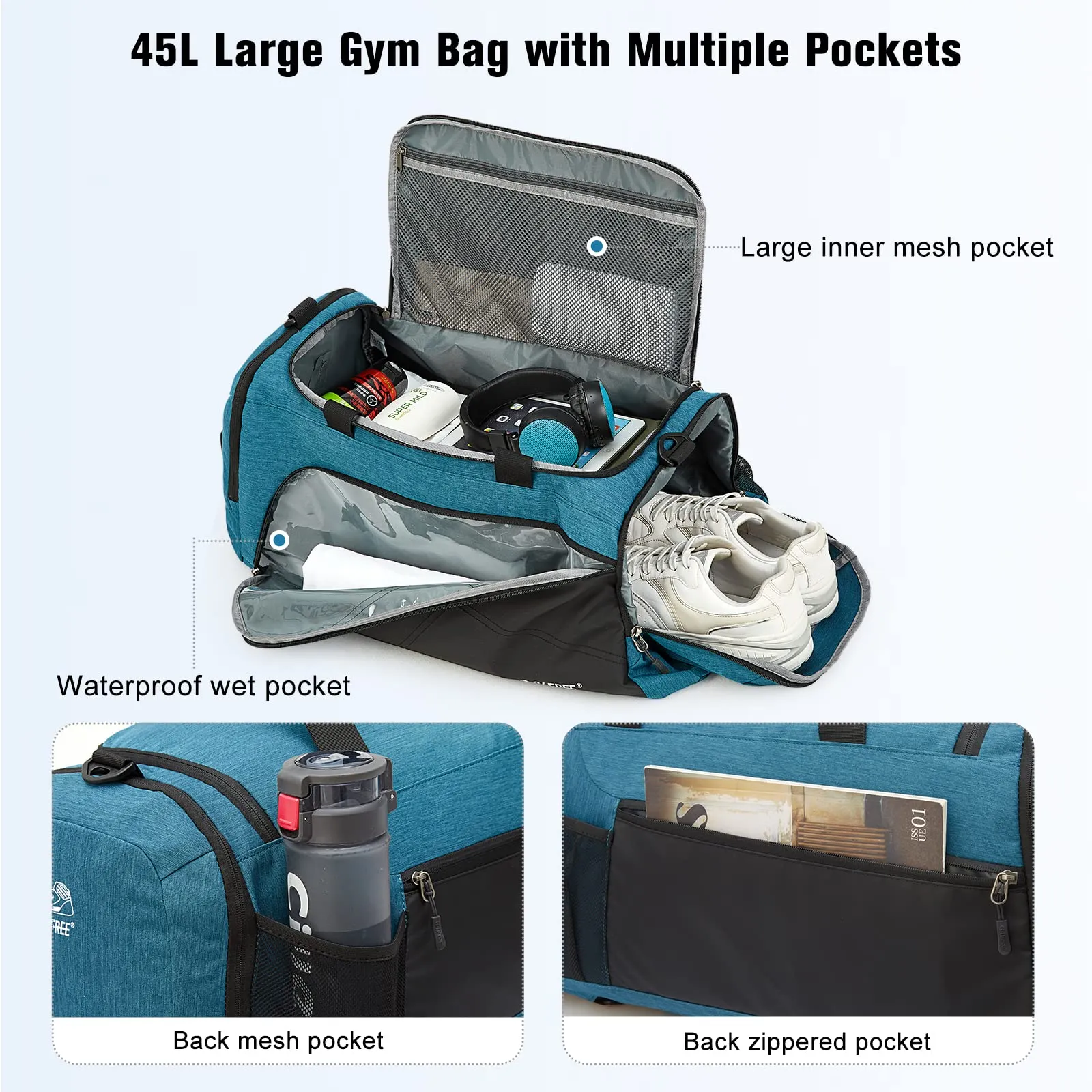 G4Free 45L 3-Way Duffle Backpack with Wet Pocket & Shoes Compartment