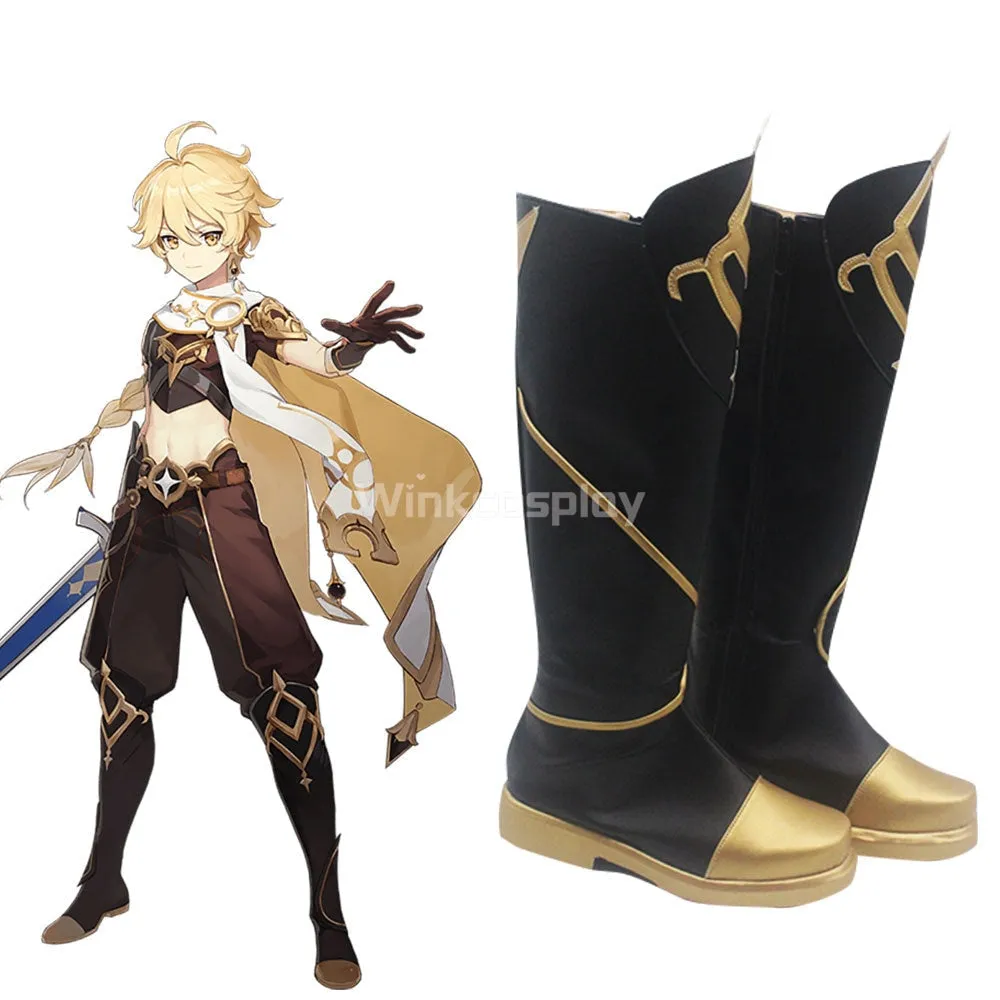 Genshin Impact Player Male Traveler Aether Black Shoes Cosplay Boots