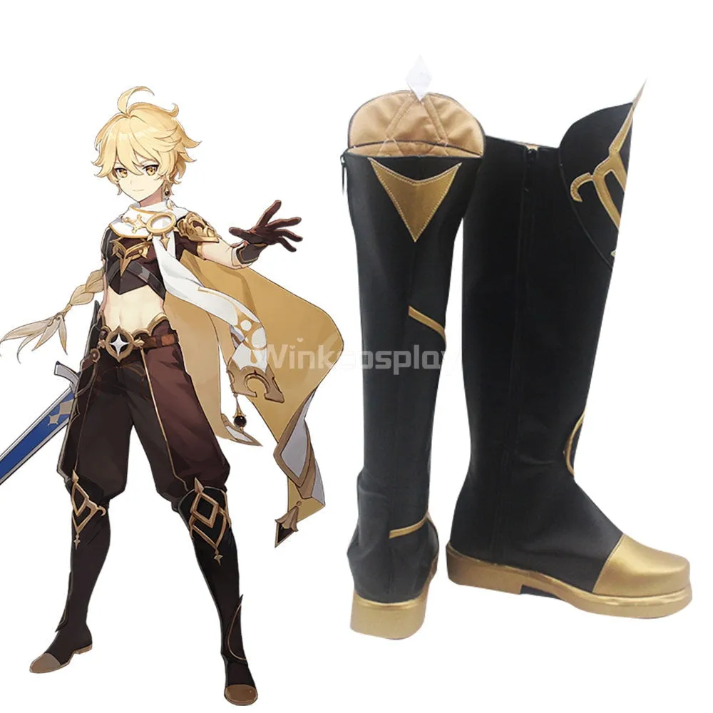 Genshin Impact Player Male Traveler Aether Black Shoes Cosplay Boots