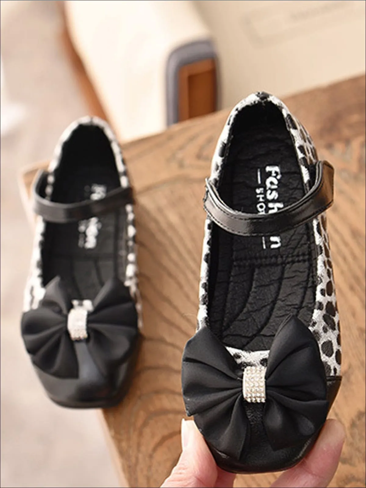 Girls Leather Animal Print Flats with Rhinestone and Bow Embellishments By Liv and Mia