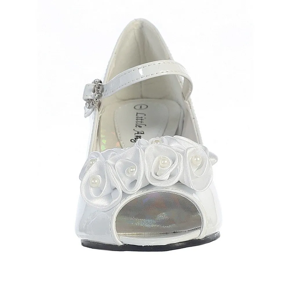 Girls White Pearled Satin Flowers Nancy Occasion Dress Shoes 9 Toddler-4 Kids