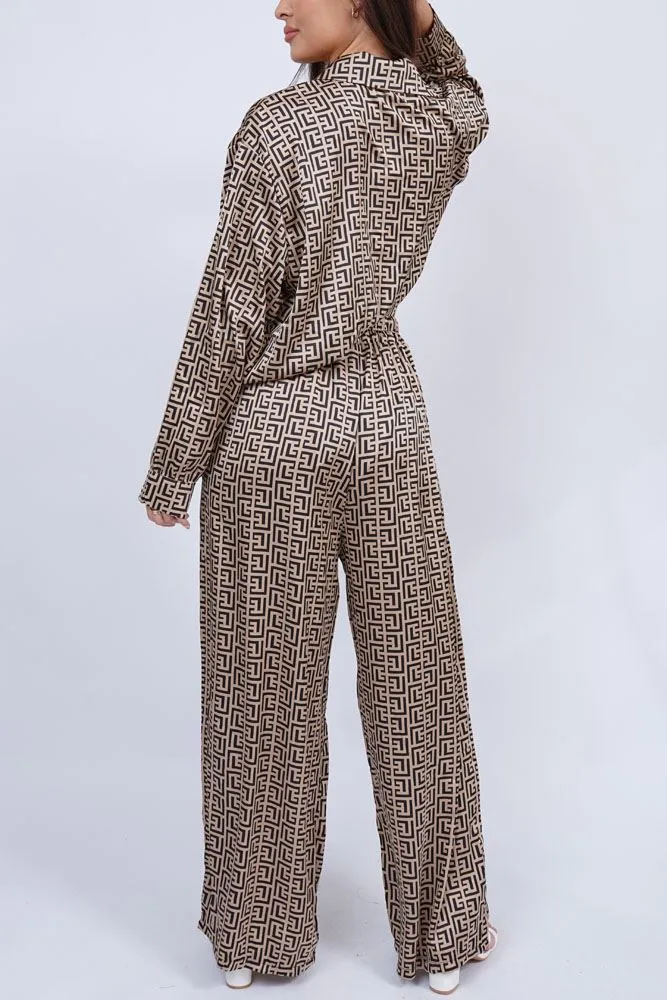 Greek Key Print Belted Waistband Loungewear Set