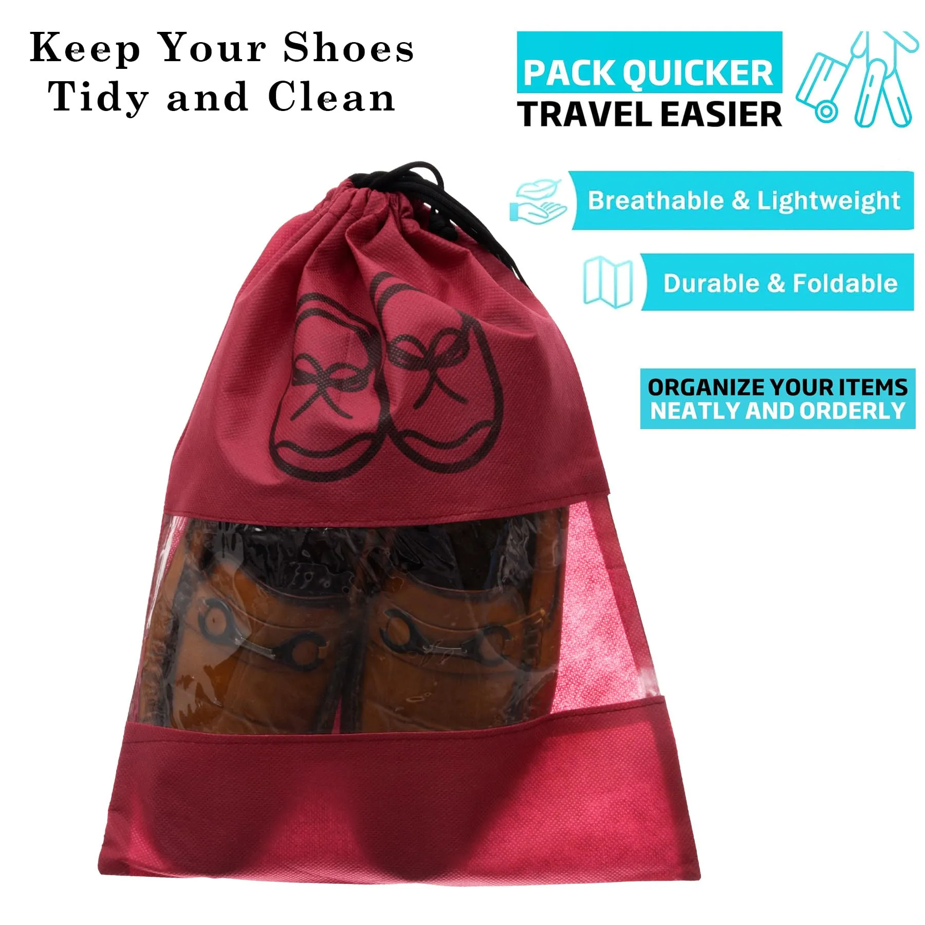 Kuber Industries Shoe Cover | Travel Shoe Storage Bags | Non-Woven Storage Bag | Shoe Cover with Drawstring | Shoe Organizer with Clear Window | Plain | Pack of 24 | Maroon