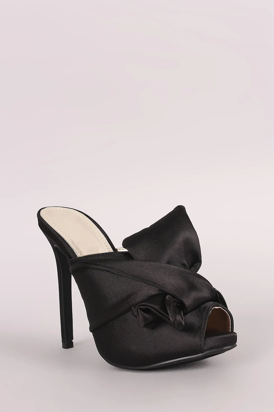 Liliana Twisted Satin Bow Peep Toe Mule Heel