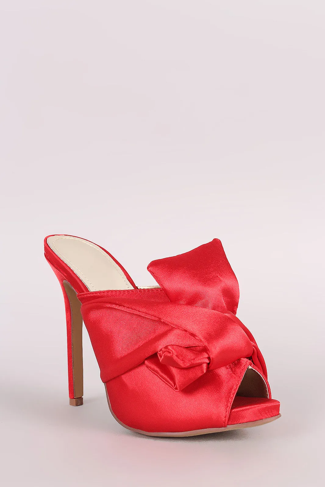 Liliana Twisted Satin Bow Peep Toe Mule Heel