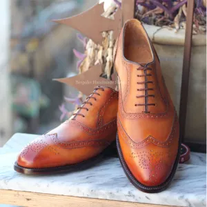 Men's Handcrafted Orange Tan Leather Oxford Wingtip Brogue Lace-Up Dress Shoe Men