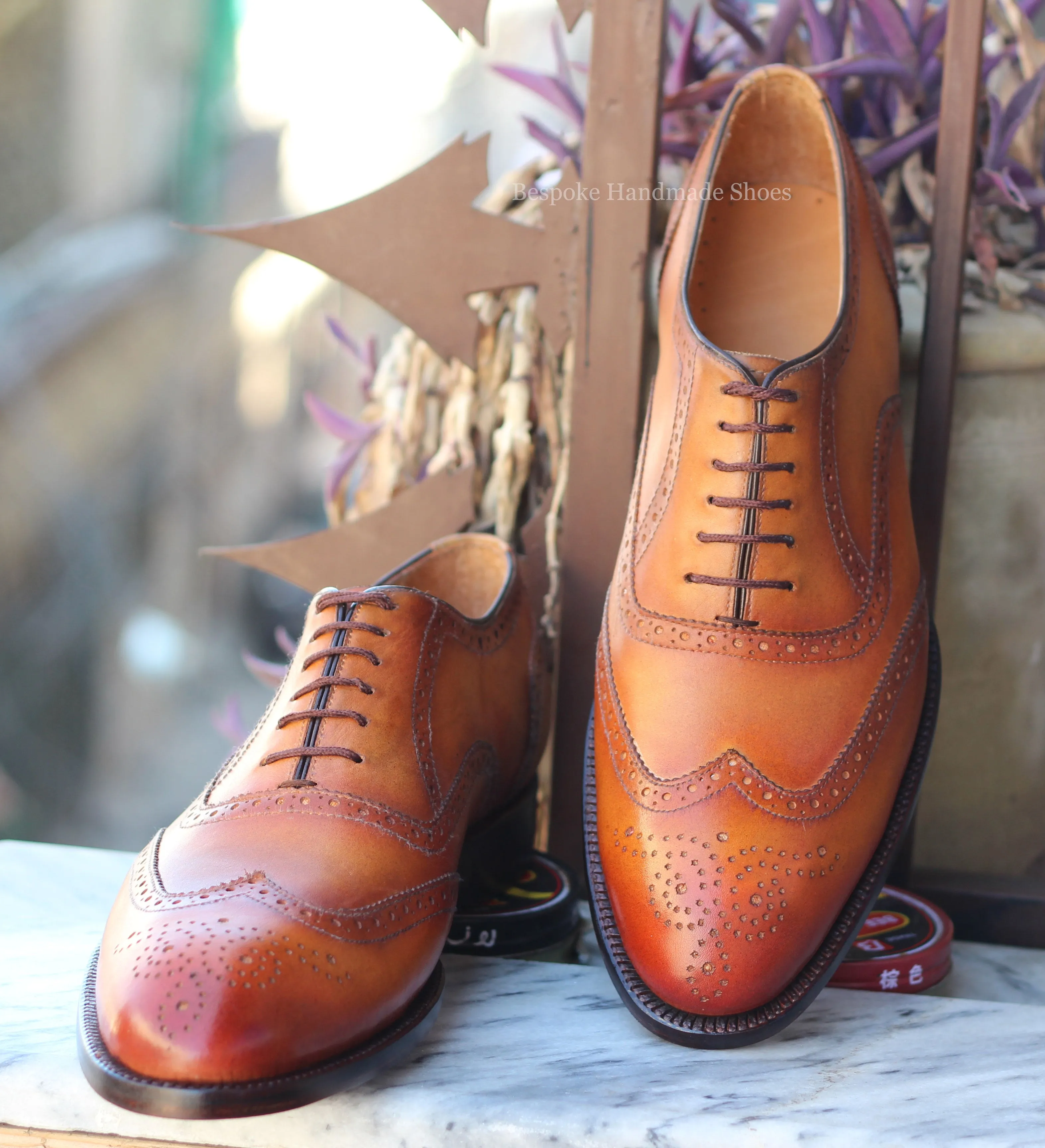 Men's Handcrafted Orange Tan Leather Oxford Wingtip Brogue Lace-Up Dress Shoe Men