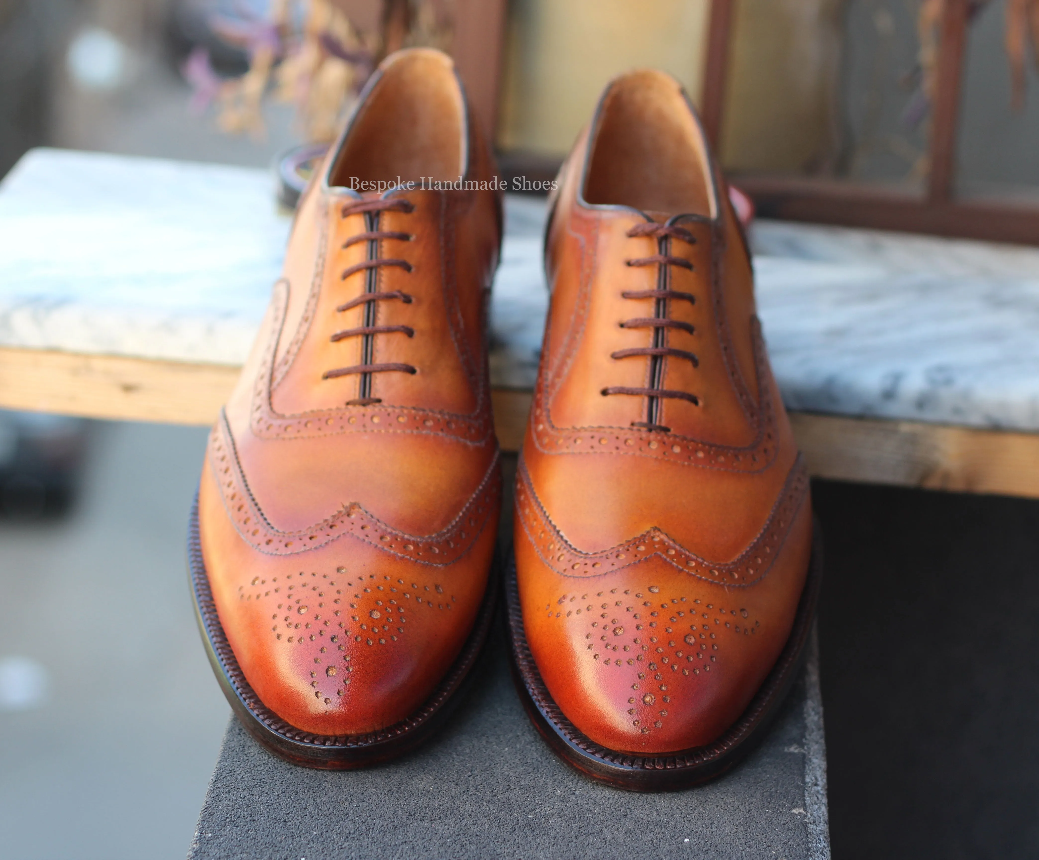 Men's Handcrafted Orange Tan Leather Oxford Wingtip Brogue Lace-Up Dress Shoe Men