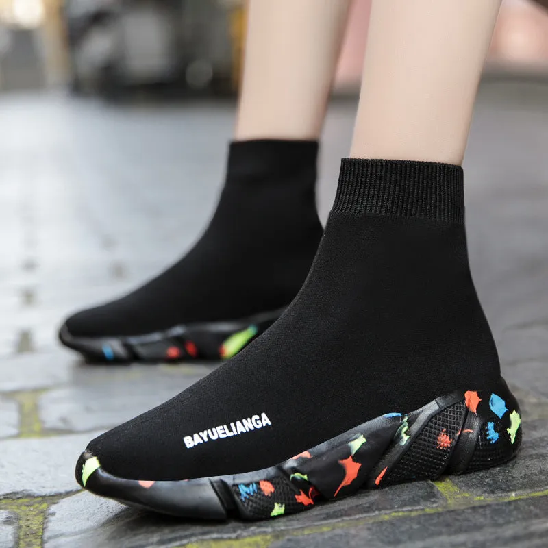 Men's Shoes Women's Shoes Fabric Sock Shoes Men's Lazy Sticky Leather Top Sneakers