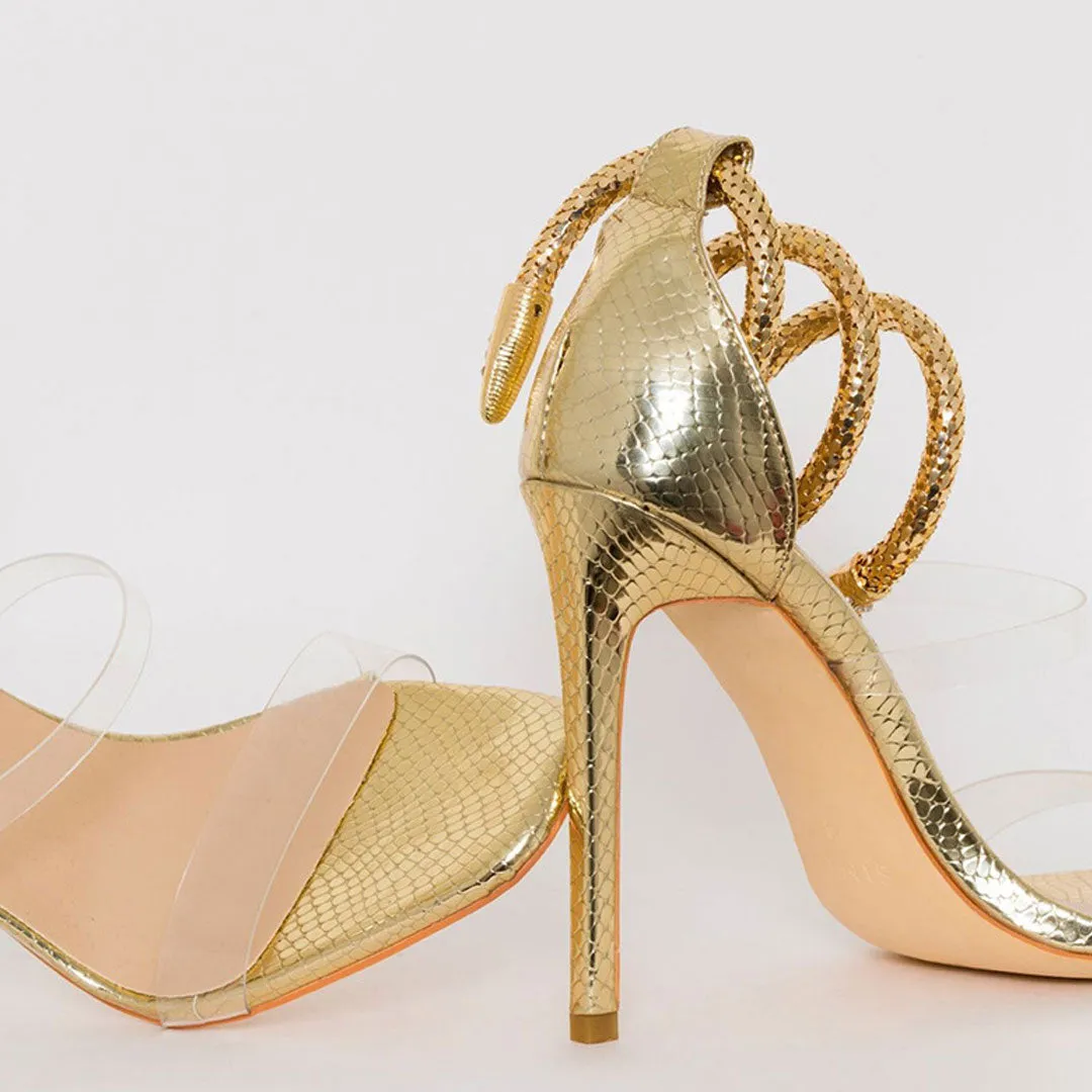 Metallic Snake Ankle Wrap Open Toe PVC Strap Stiletto Sandals - Gold