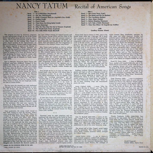 Nancy Tatum With Geoffrey Parsons  - Recital Of American Songs - LP