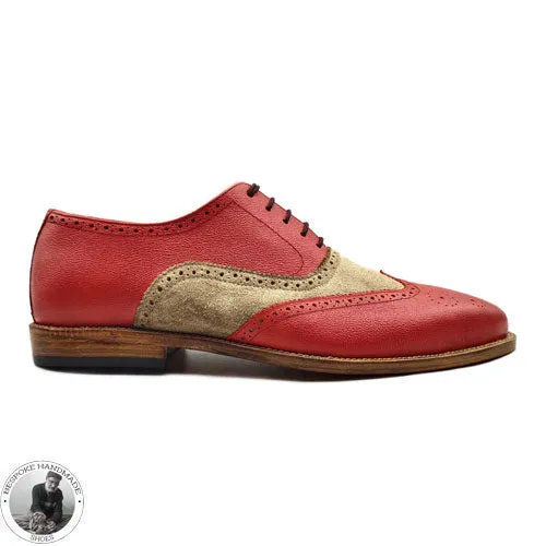 Premium Quality Handmade Two Tone Leather and Suede Oxford Wingtip Brogue Lace up  , Formal Shoes