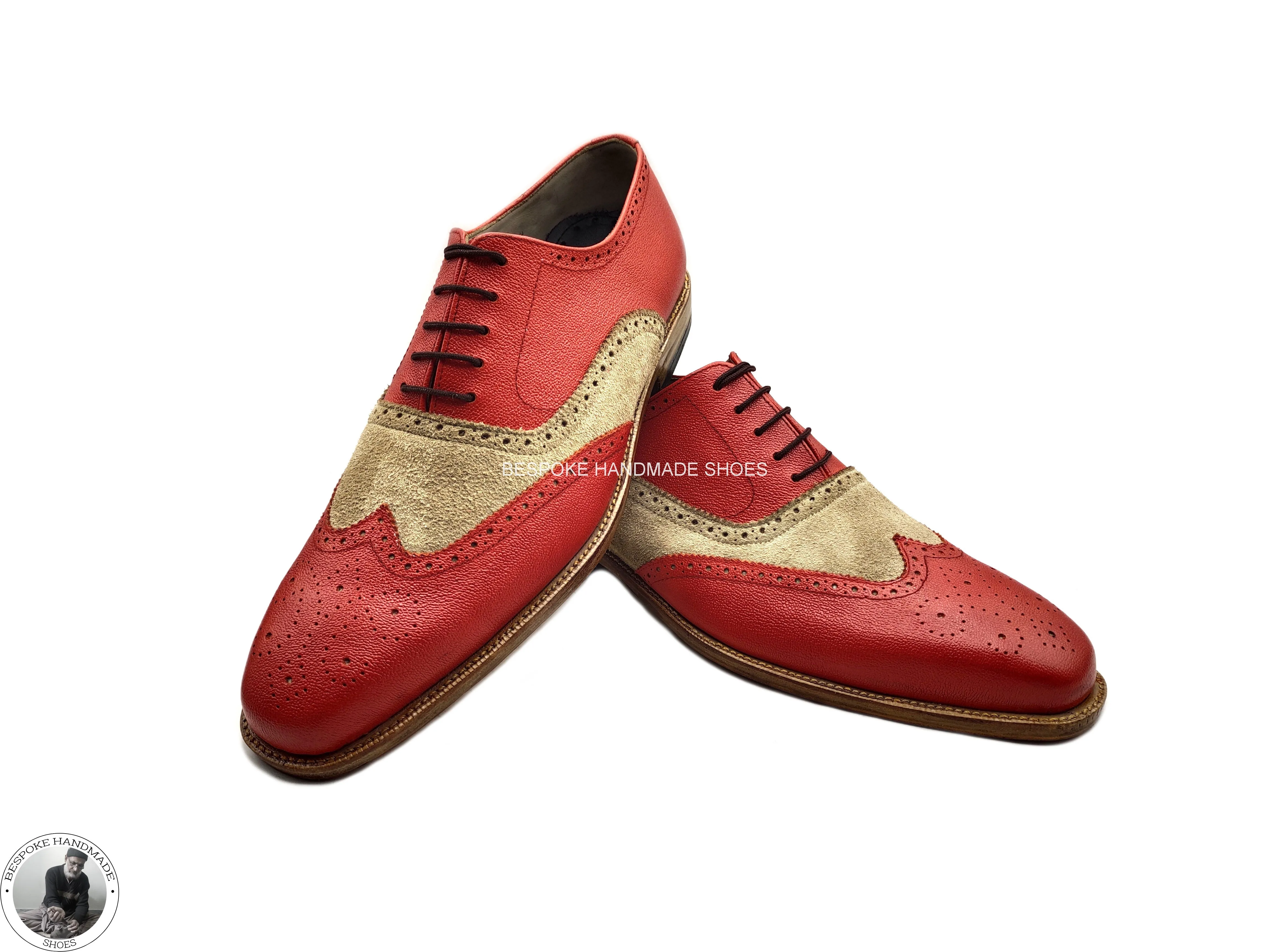 Premium Quality Handmade Two Tone Leather and Suede Oxford Wingtip Brogue Lace up  , Formal Shoes