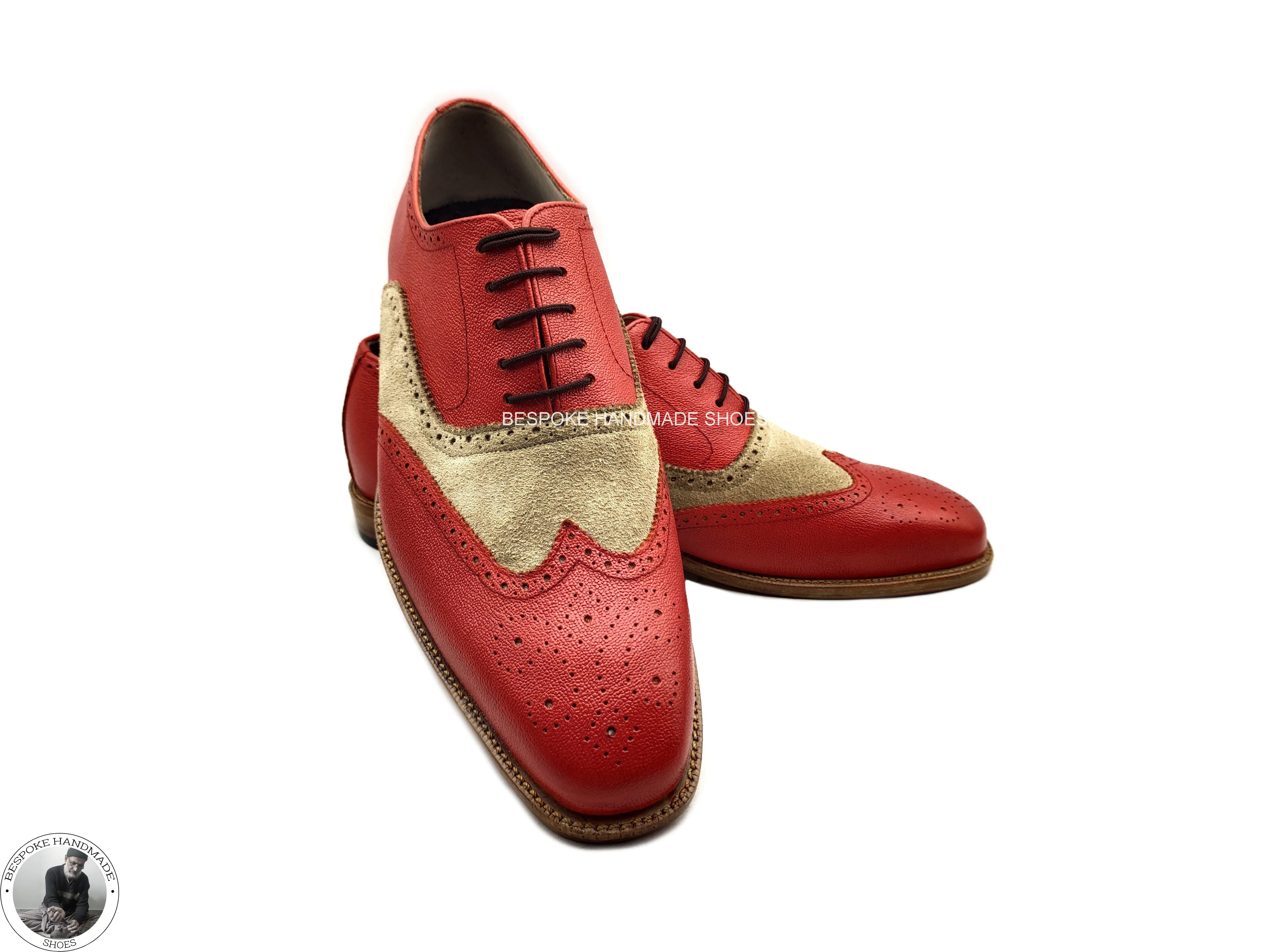 Premium Quality Handmade Two Tone Leather and Suede Oxford Wingtip Brogue Lace up  , Formal Shoes