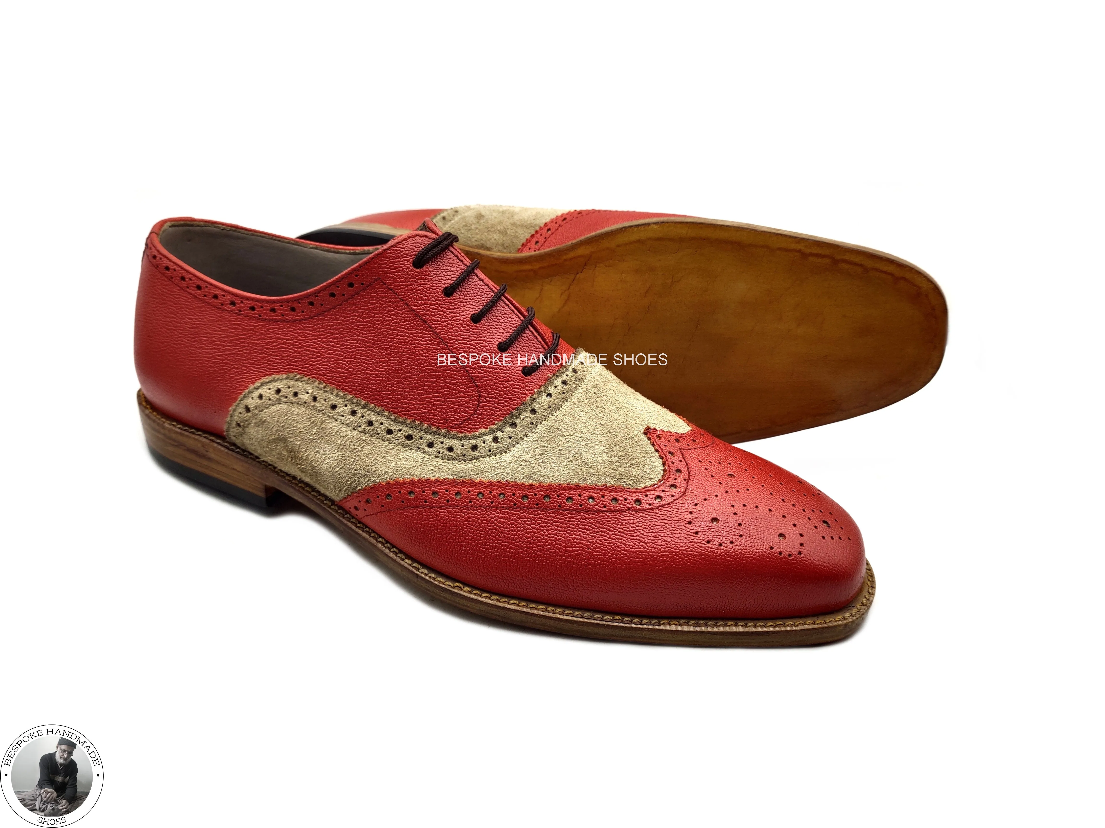 Premium Quality Handmade Two Tone Leather and Suede Oxford Wingtip Brogue Lace up  , Formal Shoes