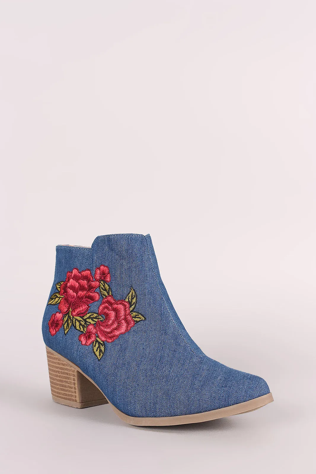 Qupid Denim Embroidery Floral Chunky Heeled Booties