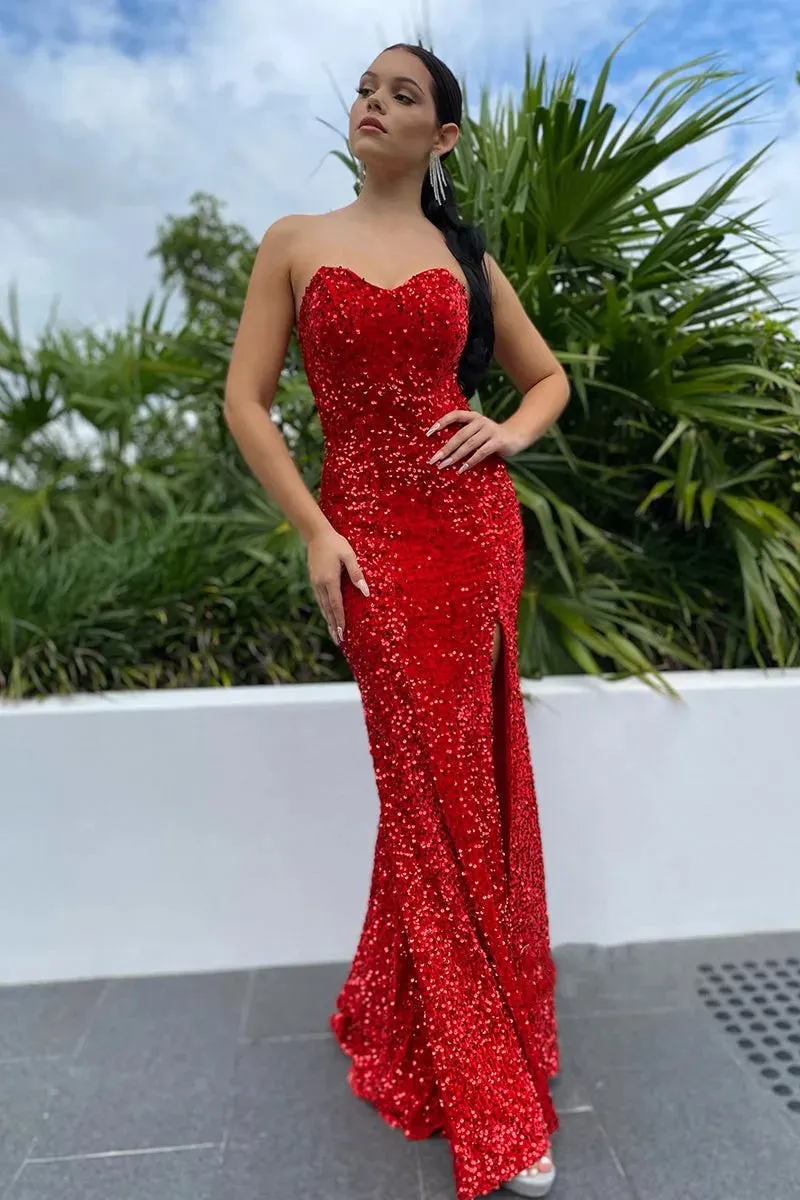 Red Mermaid Sequined Evening Dress Formal Party Backless Corset Gowns