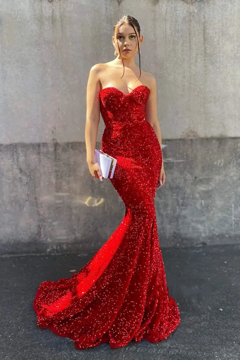 Red Mermaid Sequined Evening Dress Formal Party Backless Corset Gowns