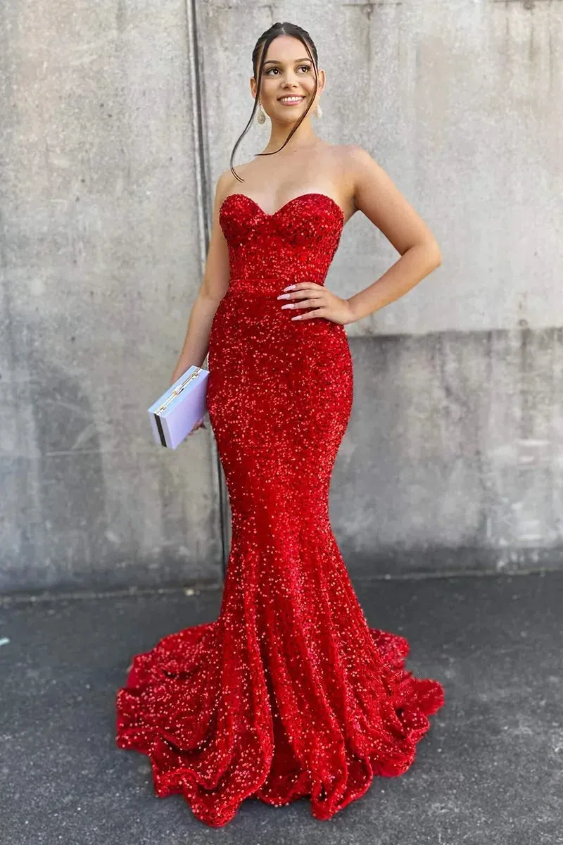 Red Mermaid Sequined Evening Dress Formal Party Backless Corset Gowns