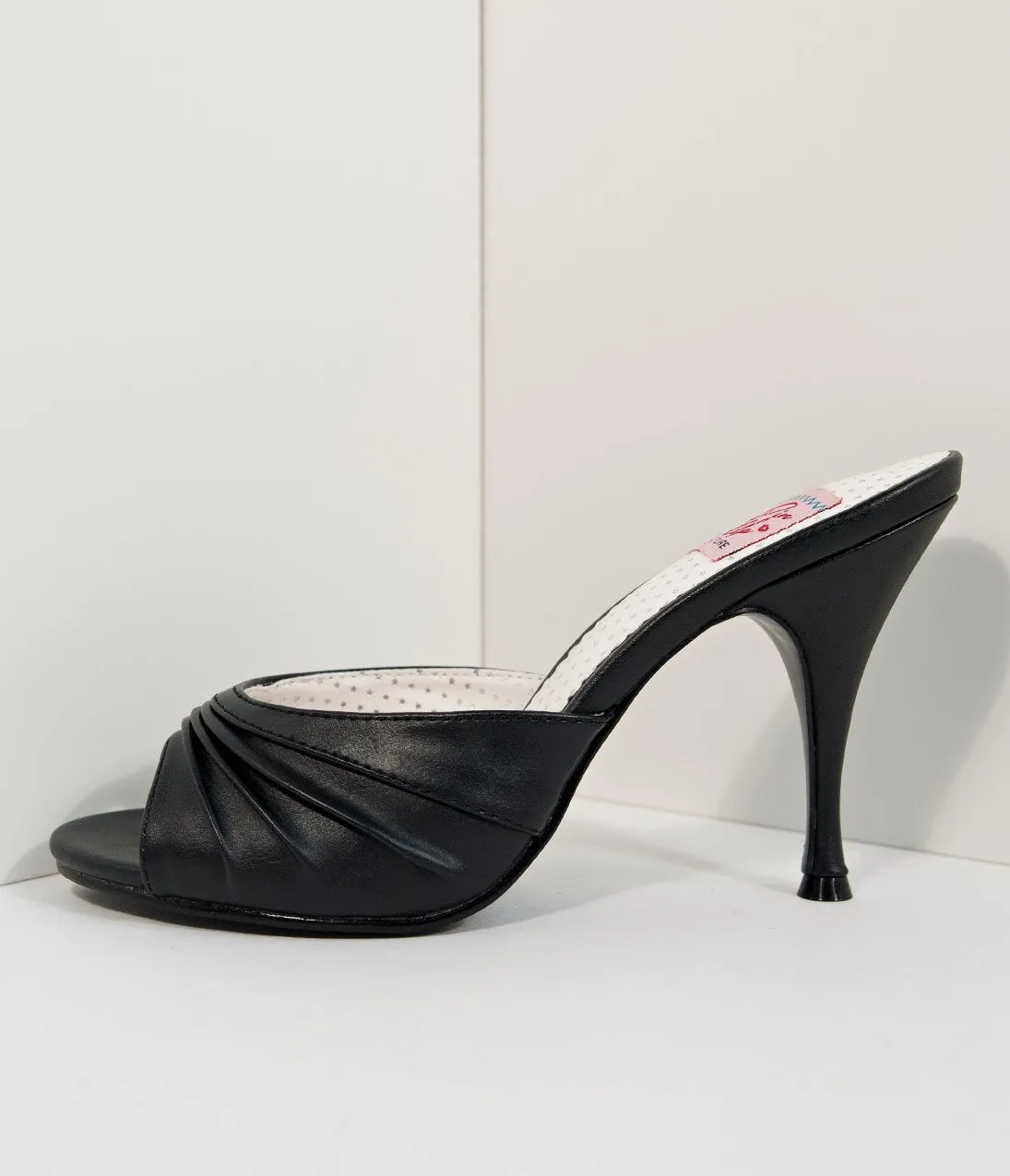 Retro Style Black Leatherette Peep Toe Pleated Mule Heels