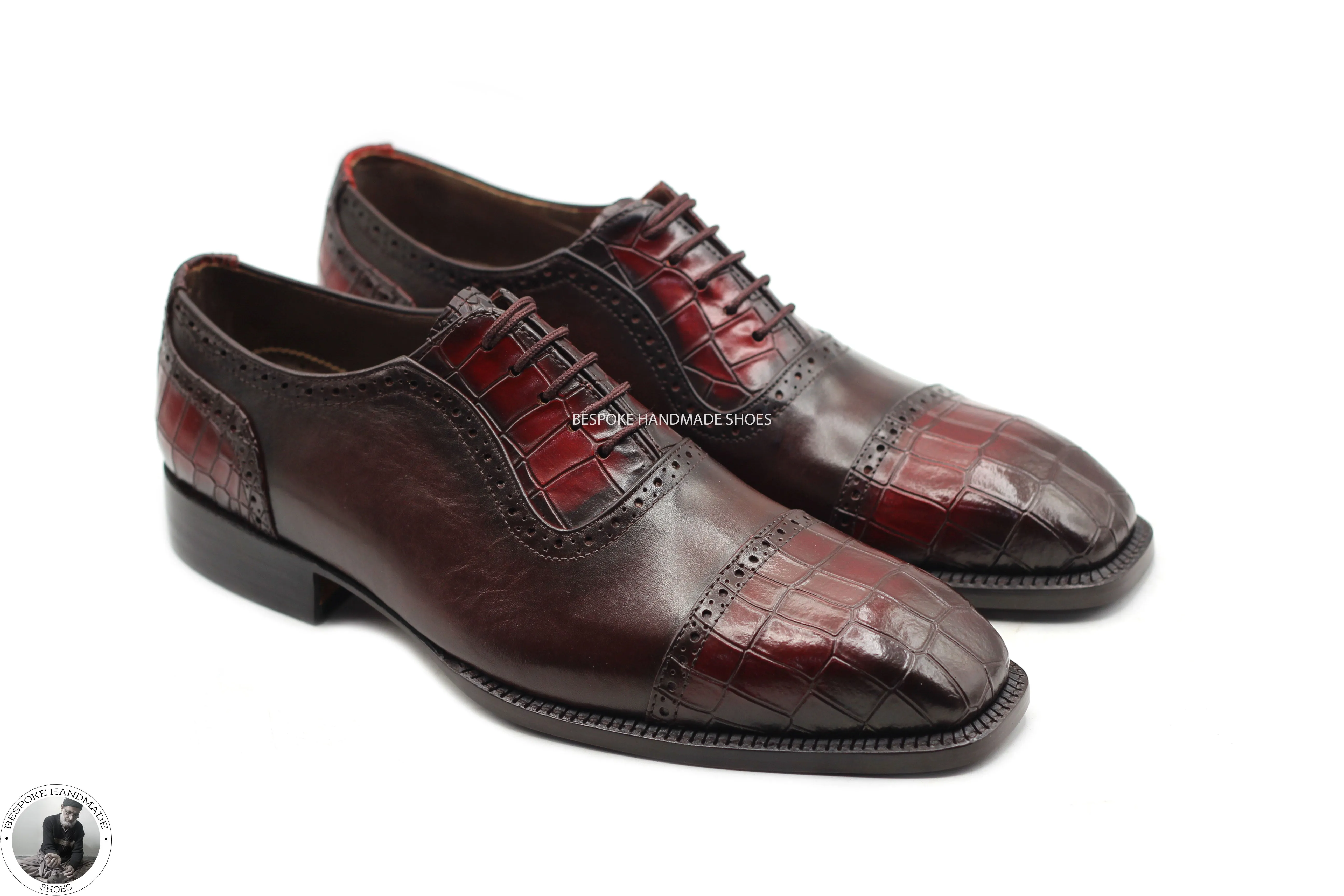 Tailor Made Burgundy Crocodile Print Leather Oxford Toe Cap Lace Up Handmade Dress Men Shoes