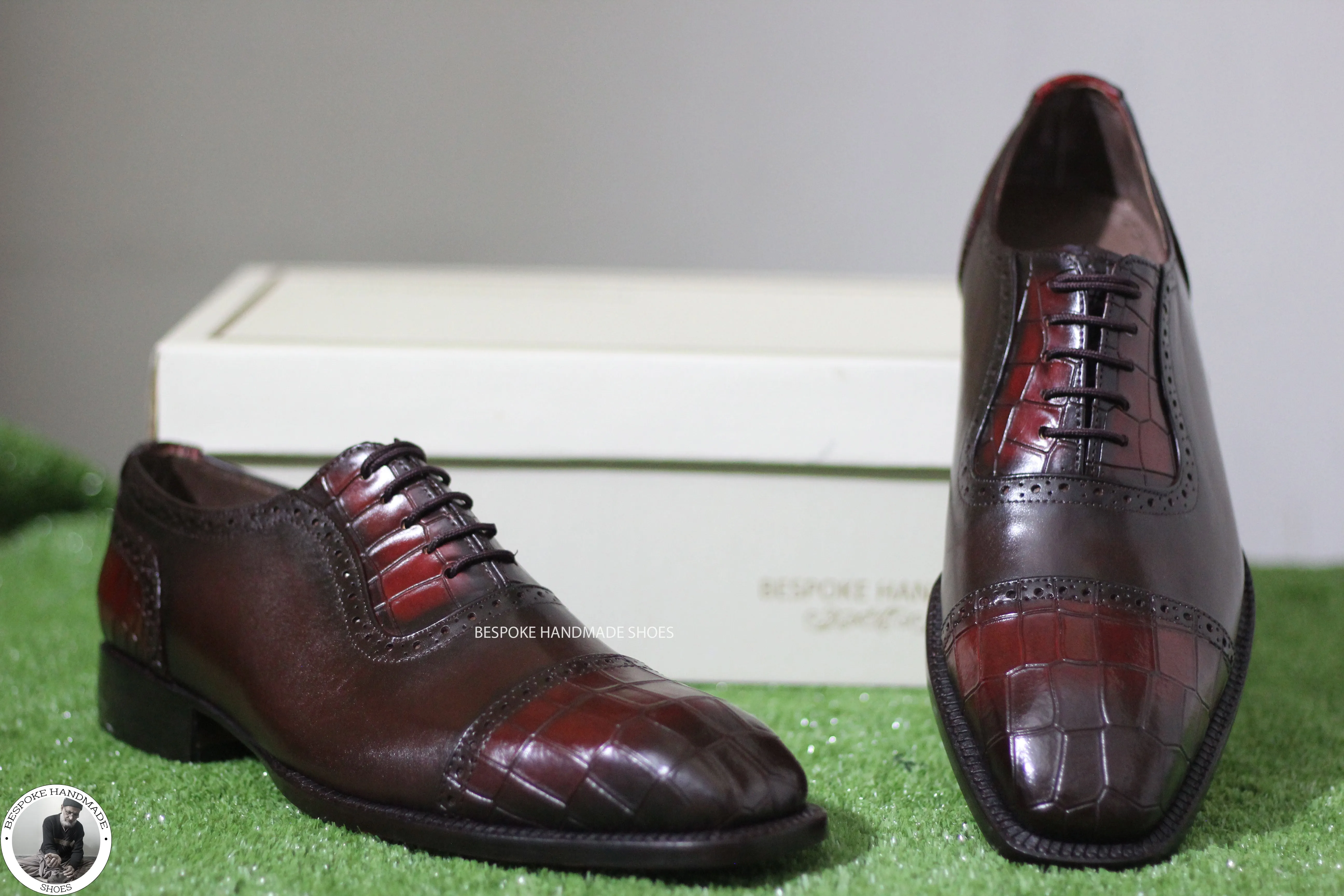 Tailor Made Burgundy Crocodile Print Leather Oxford Toe Cap Lace Up Handmade Dress Men Shoes