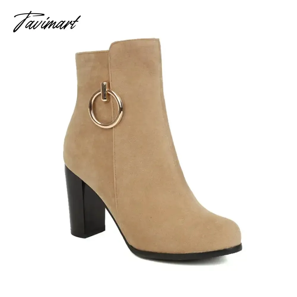 Tavimart Faux Nubuck Suede Leather Sexy Womens Heels Boots Large Size 34-47 Block High Heeled Black Ankle Modern Booties With Metal Ring