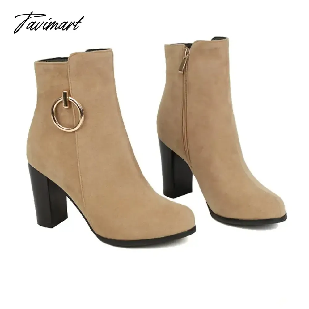 Tavimart Faux Nubuck Suede Leather Sexy Womens Heels Boots Large Size 34-47 Block High Heeled Black Ankle Modern Booties With Metal Ring