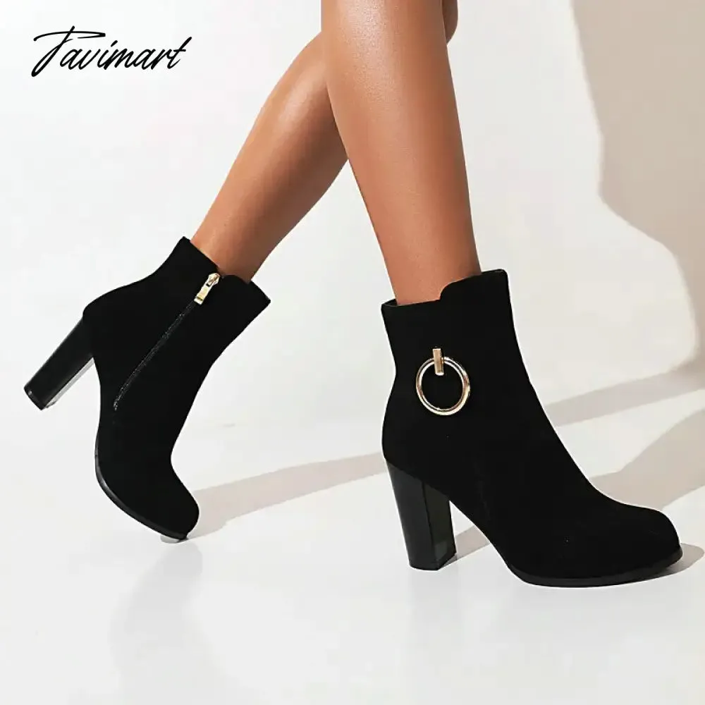 Tavimart Faux Nubuck Suede Leather Sexy Womens Heels Boots Large Size 34-47 Block High Heeled Black Ankle Modern Booties With Metal Ring