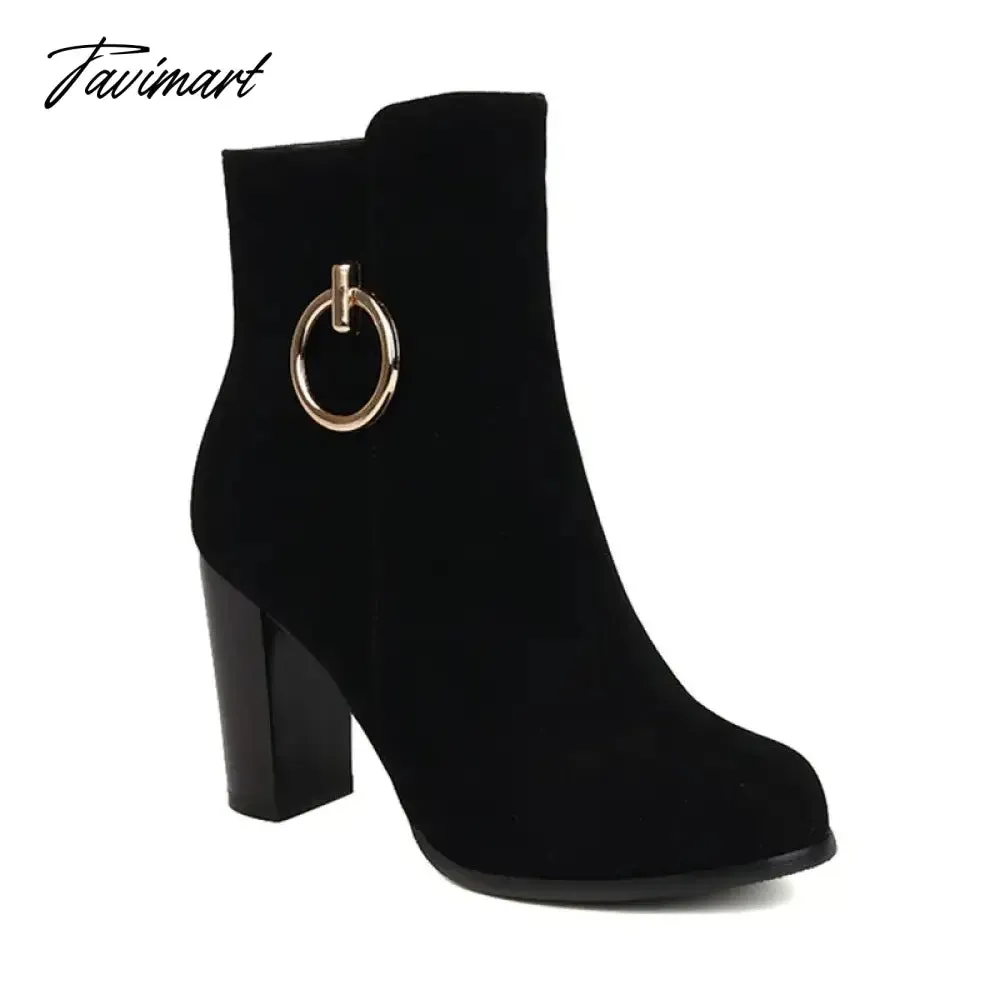 Tavimart Faux Nubuck Suede Leather Sexy Womens Heels Boots Large Size 34-47 Block High Heeled Black Ankle Modern Booties With Metal Ring