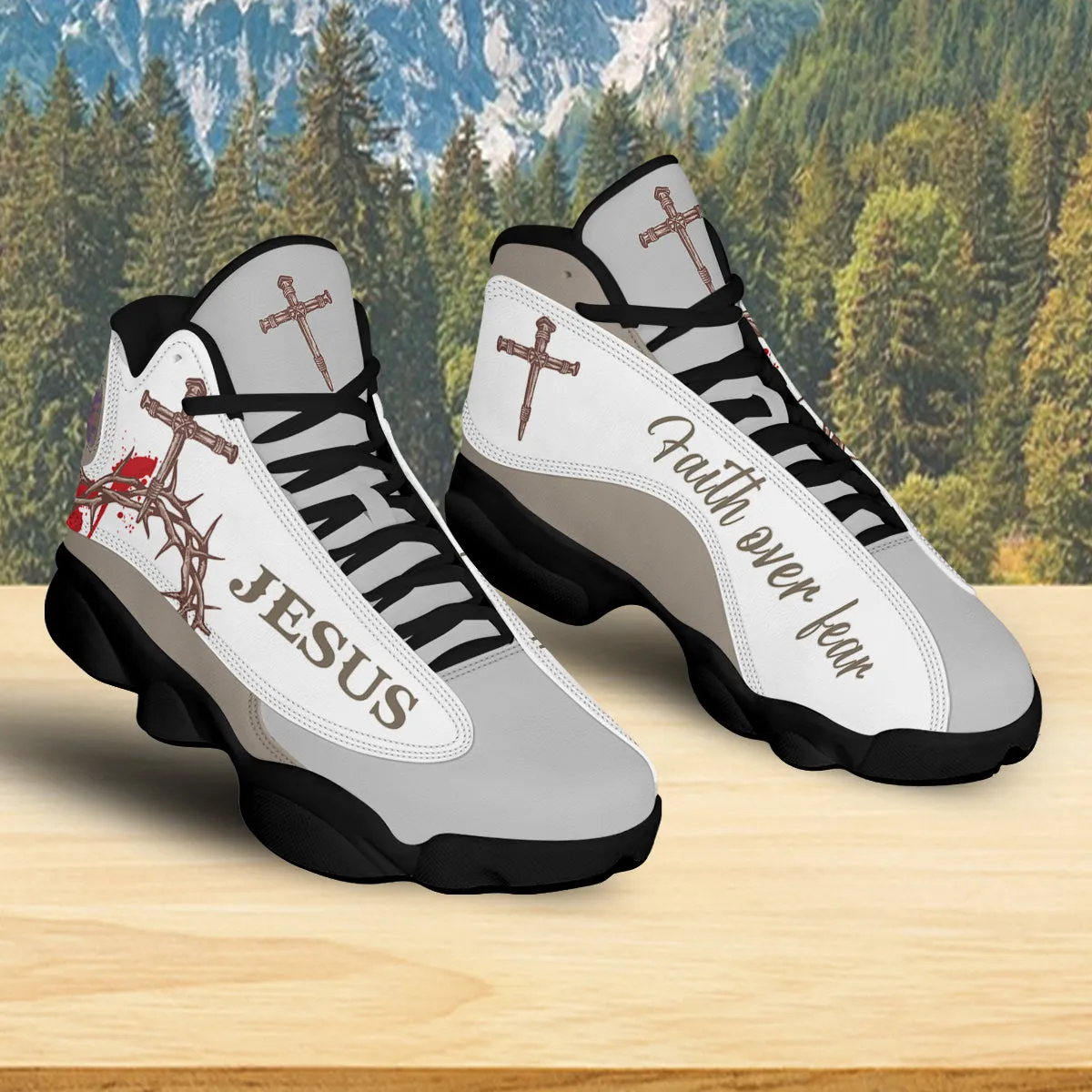 Teesdily | Christian Jesus Basketball Shoes, Religious Gift For Family And Friends, Crown Of Thorns Shoes, Faith Over Fear Shoes, Christian Footwear Gift