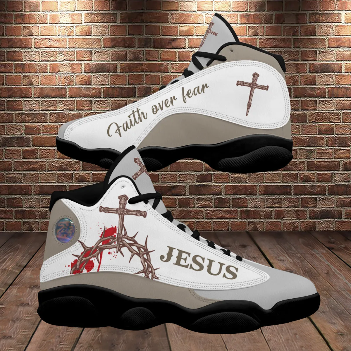 Teesdily | Christian Jesus Basketball Shoes, Religious Gift For Family And Friends, Crown Of Thorns Shoes, Faith Over Fear Shoes, Christian Footwear Gift