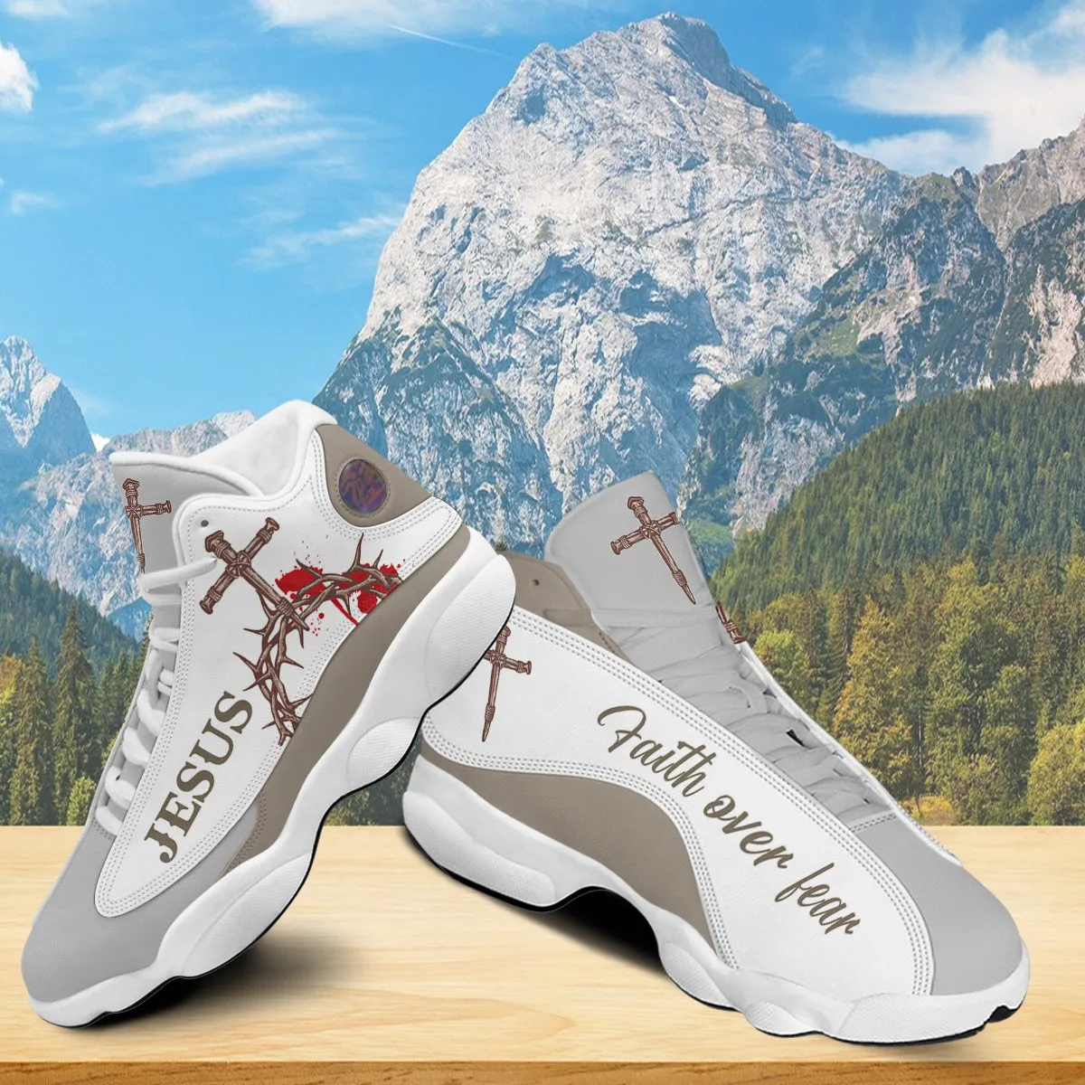 Teesdily | Christian Jesus Basketball Shoes, Religious Gift For Family And Friends, Crown Of Thorns Shoes, Faith Over Fear Shoes, Christian Footwear Gift