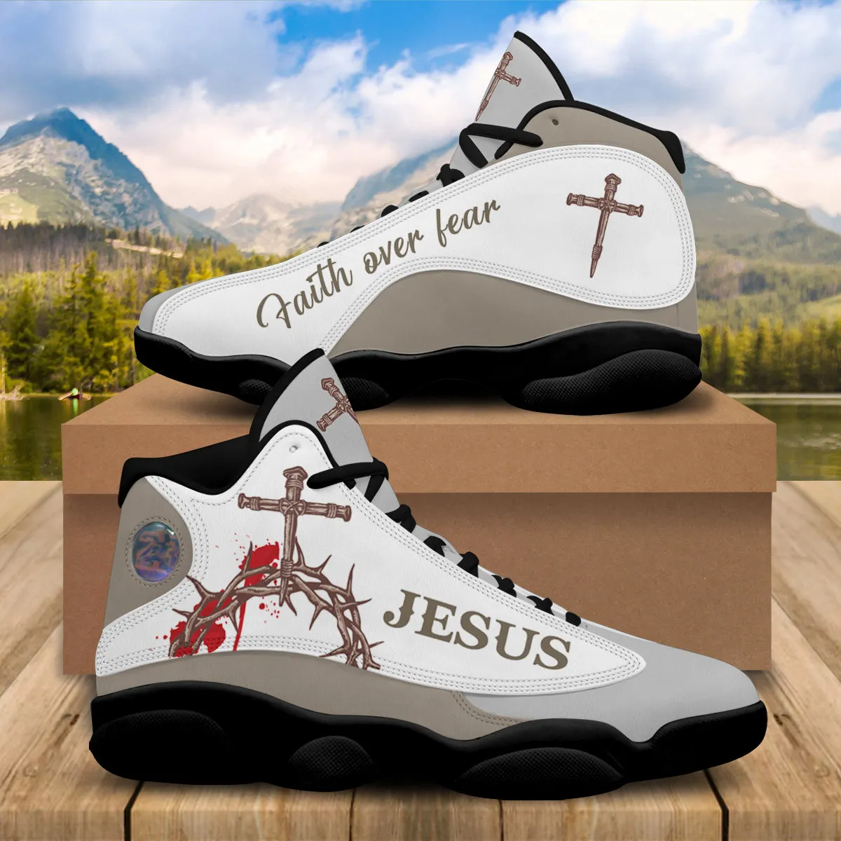 Teesdily | Christian Jesus Basketball Shoes, Religious Gift For Family And Friends, Crown Of Thorns Shoes, Faith Over Fear Shoes, Christian Footwear Gift