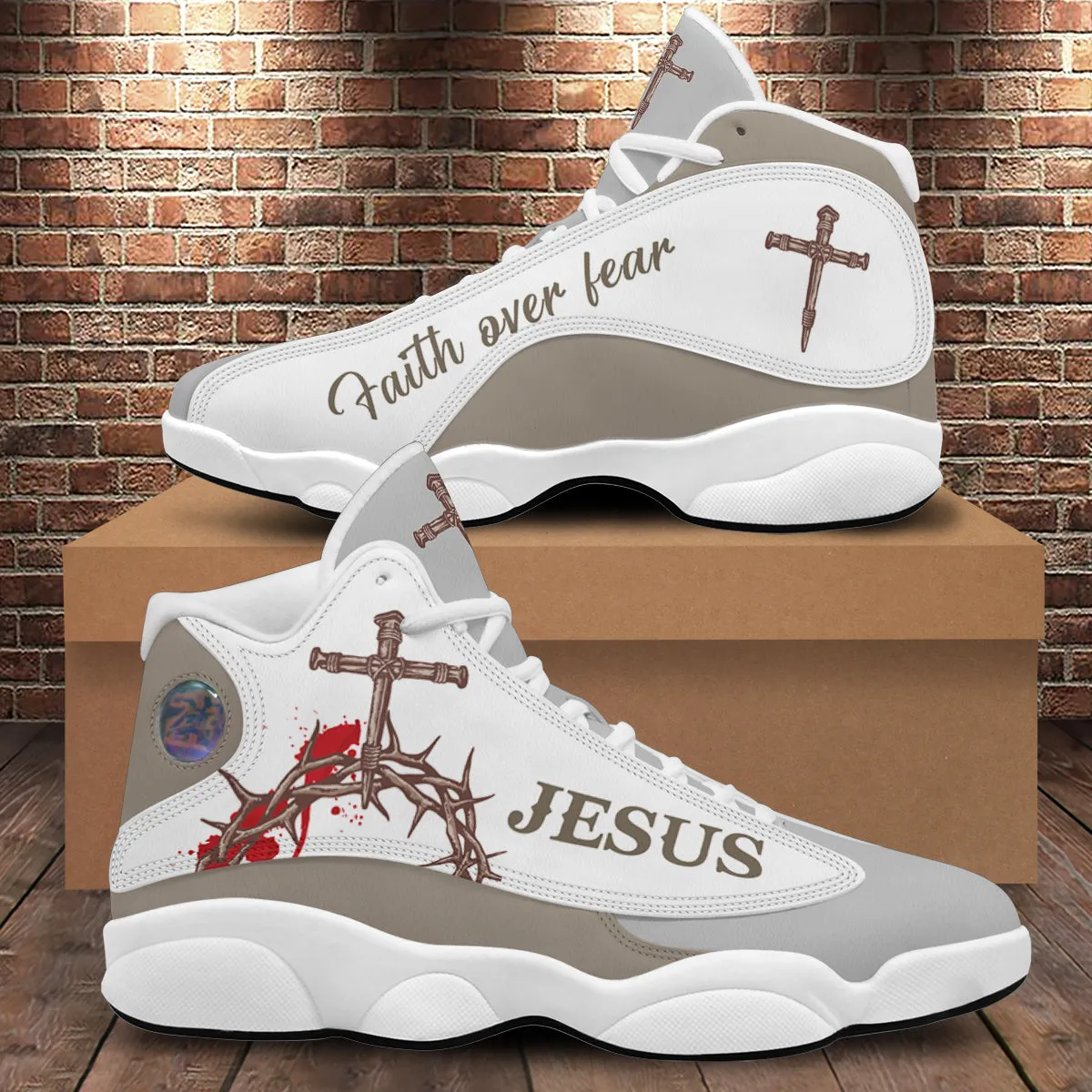 Teesdily | Christian Jesus Basketball Shoes, Religious Gift For Family And Friends, Crown Of Thorns Shoes, Faith Over Fear Shoes, Christian Footwear Gift