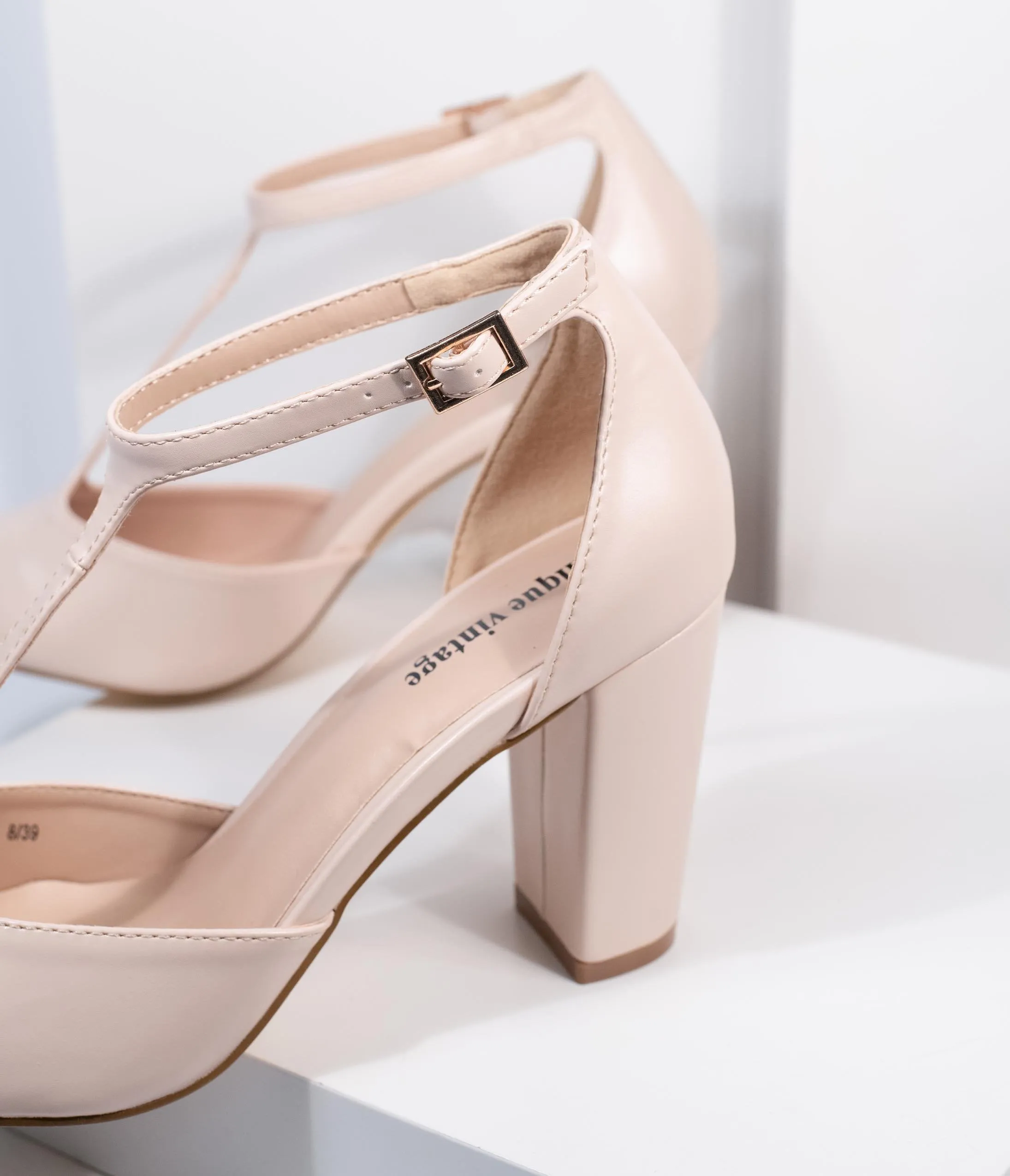 Unique Vintage Beige Leatherette T-Strap Astaire Pumps