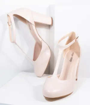 Unique Vintage Beige Leatherette T-Strap Astaire Pumps