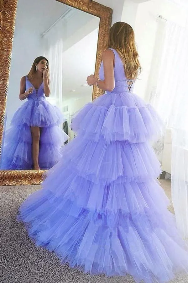 V Neck Lilac High Low Tulle Prom Dresses Formal Evening  Dresses PSK155