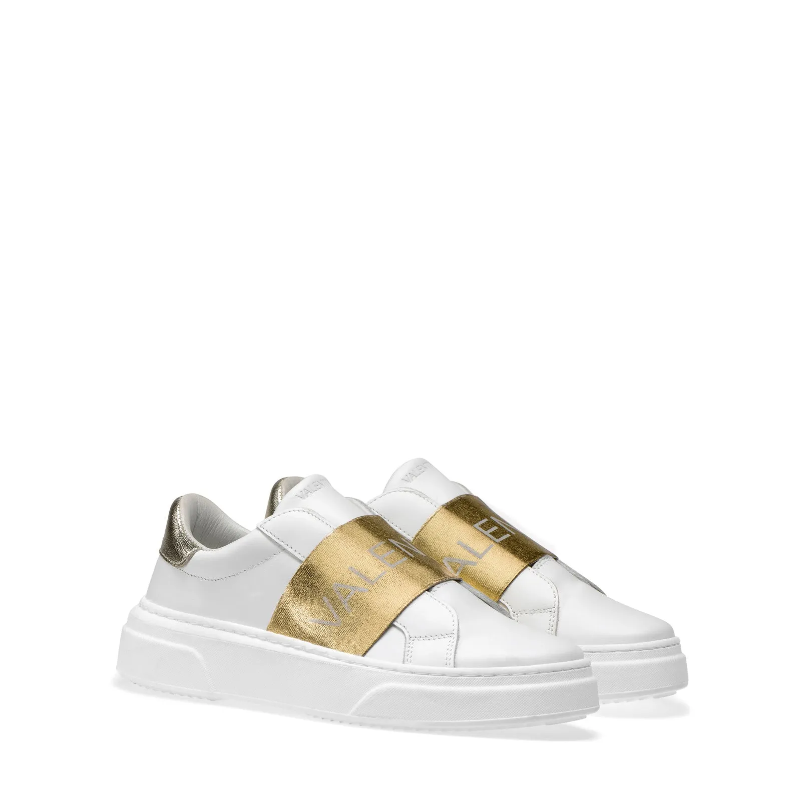 VALENTINO Slip-on Sneaker in white leather and golden elastic band