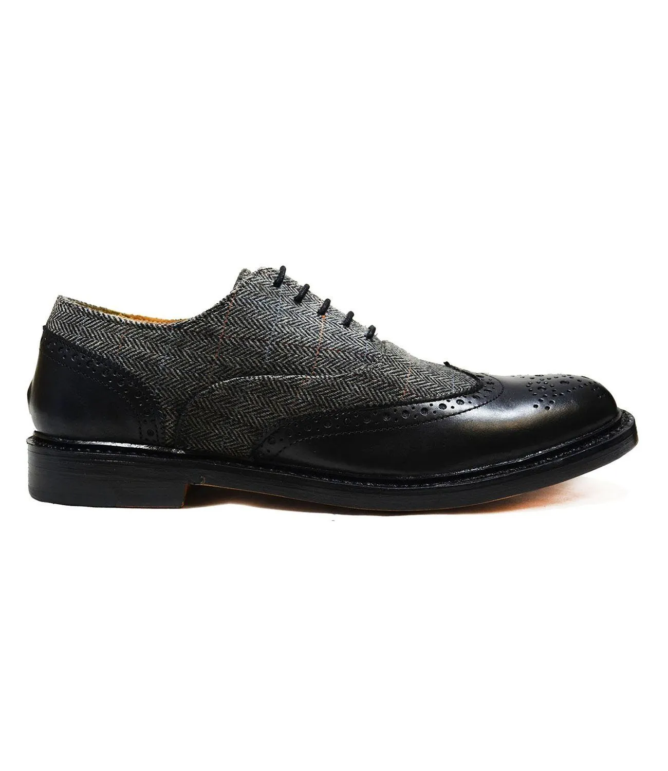 VERONA Black Leather and Textile Full Brogue Oxfords