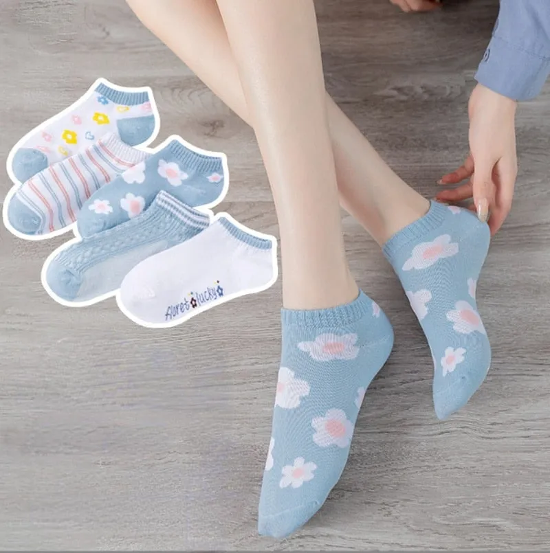 Women Invisible No Show Cotton Ankle Boat Socks, 5 Pairs