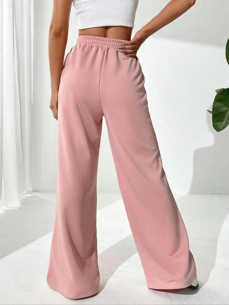 Women'S Plain Asymmetrical Elastic Waist Thin Wide Leg Sweatpants, Casual Comfy High Waist Pants for Daily Wear, Ladies' Bottoms for Fall