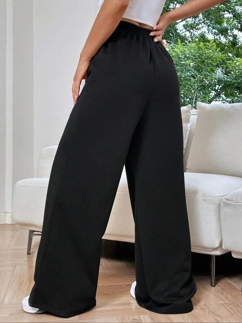 Women'S Plain Asymmetrical Elastic Waist Thin Wide Leg Sweatpants, Casual Comfy High Waist Pants for Daily Wear, Ladies' Bottoms for Fall