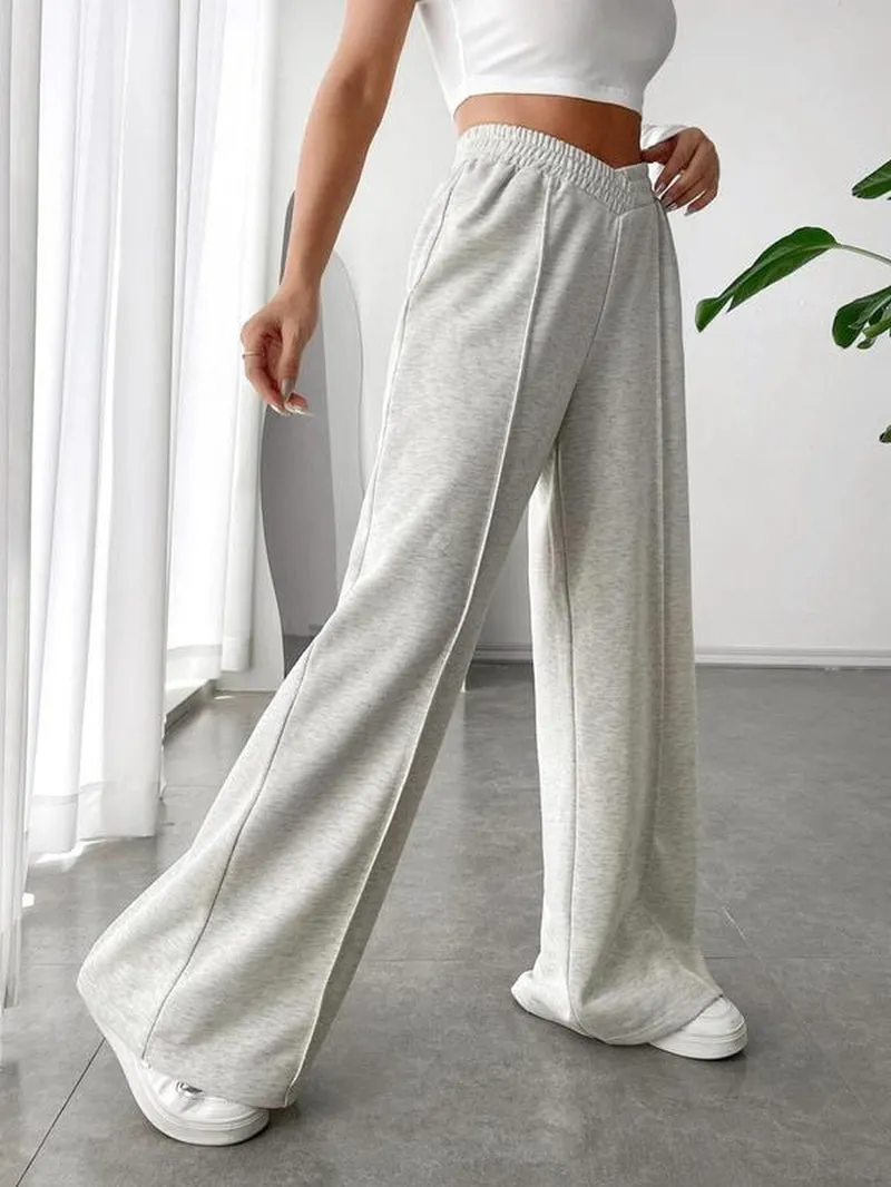 Women'S Plain Asymmetrical Elastic Waist Thin Wide Leg Sweatpants, Casual Comfy High Waist Pants for Daily Wear, Ladies' Bottoms for Fall