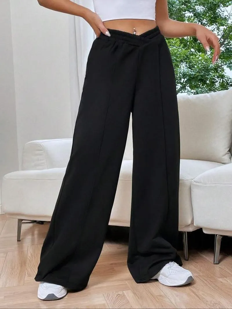 Women'S Plain Asymmetrical Elastic Waist Thin Wide Leg Sweatpants, Casual Comfy High Waist Pants for Daily Wear, Ladies' Bottoms for Fall