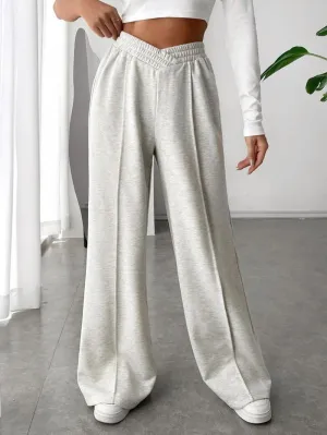 Women'S Plain Asymmetrical Elastic Waist Thin Wide Leg Sweatpants, Casual Comfy High Waist Pants for Daily Wear, Ladies' Bottoms for Fall