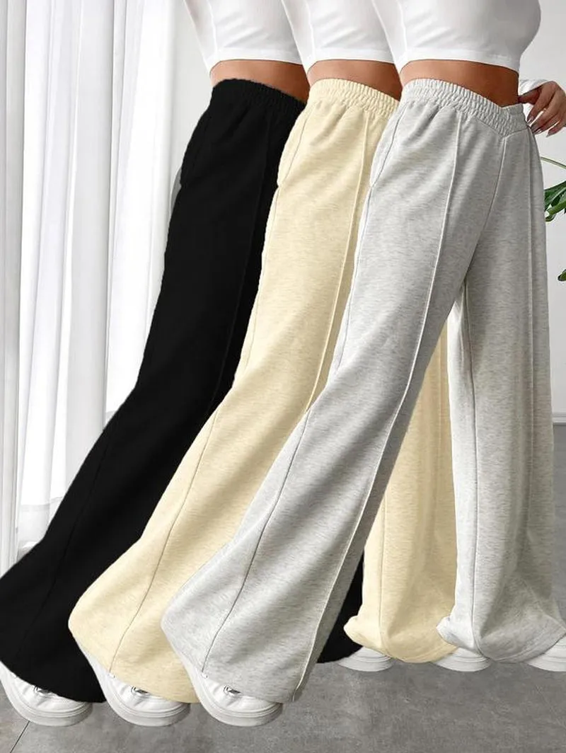 Women'S Plain Asymmetrical Elastic Waist Thin Wide Leg Sweatpants, Casual Comfy High Waist Pants for Daily Wear, Ladies' Bottoms for Fall