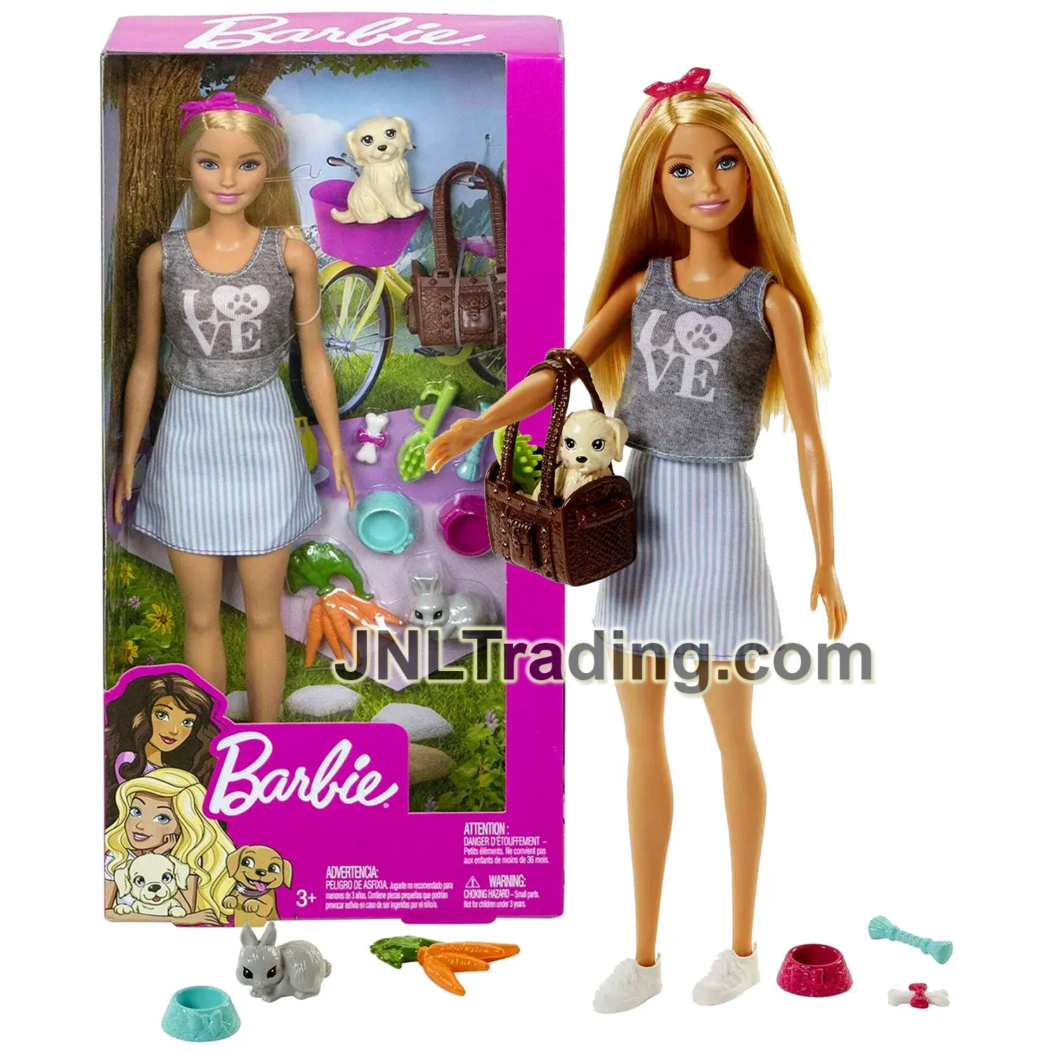 Year 2022 Barbie Picnic 12 Inch Doll with Caucasian Model FPR48, Puppy, Bunny, Basket, Carrot and Feeding Bowls