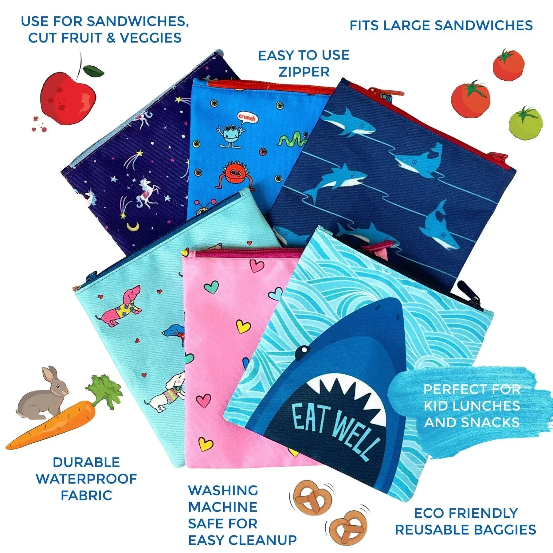 Yumbox Reusable Sandwich Bag 2pk - Blue Shark & Monsters